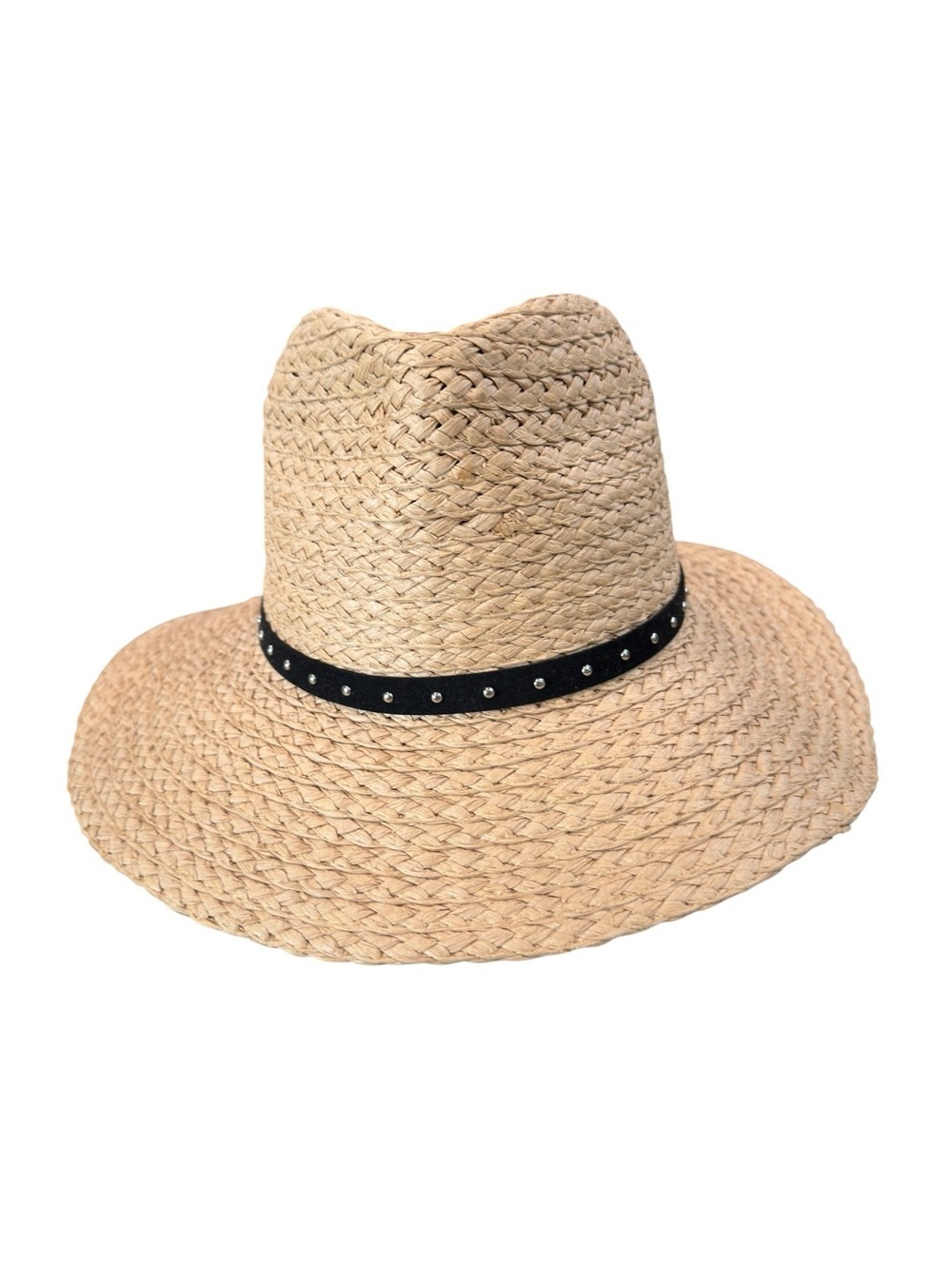Steve Madden Straw Sun Hat with Black Band silver Studs one Size Vacation Beach